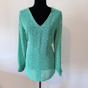 CAbi Green Patterned V-Neck Sheer Blouse
